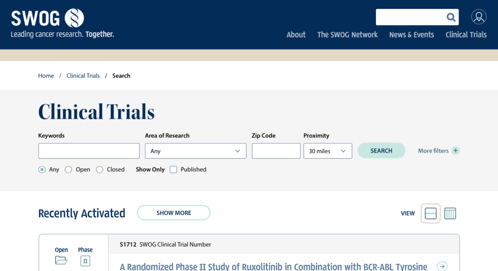 Screenshot of SWOG's Clinical Trial Search